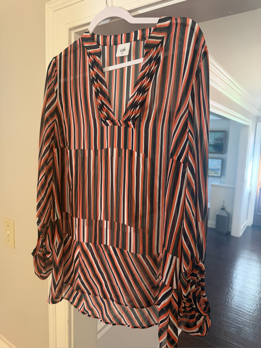 CAbi Striped V-Neck Tunic in Black, Coral and White size Medium